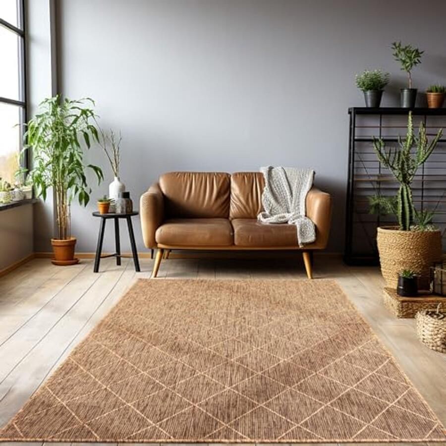 Weerbestendig buiten tapijt 80 x 150 cm sisal-look met ruitpatroon voor balkon terras en tuin