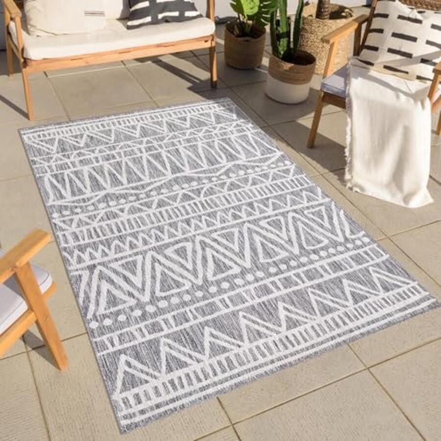 Weerbestendig Buitentapijt 160 x 230 cm Grijs Ethnic Look voor Balkon Tuin en Binnengebruik