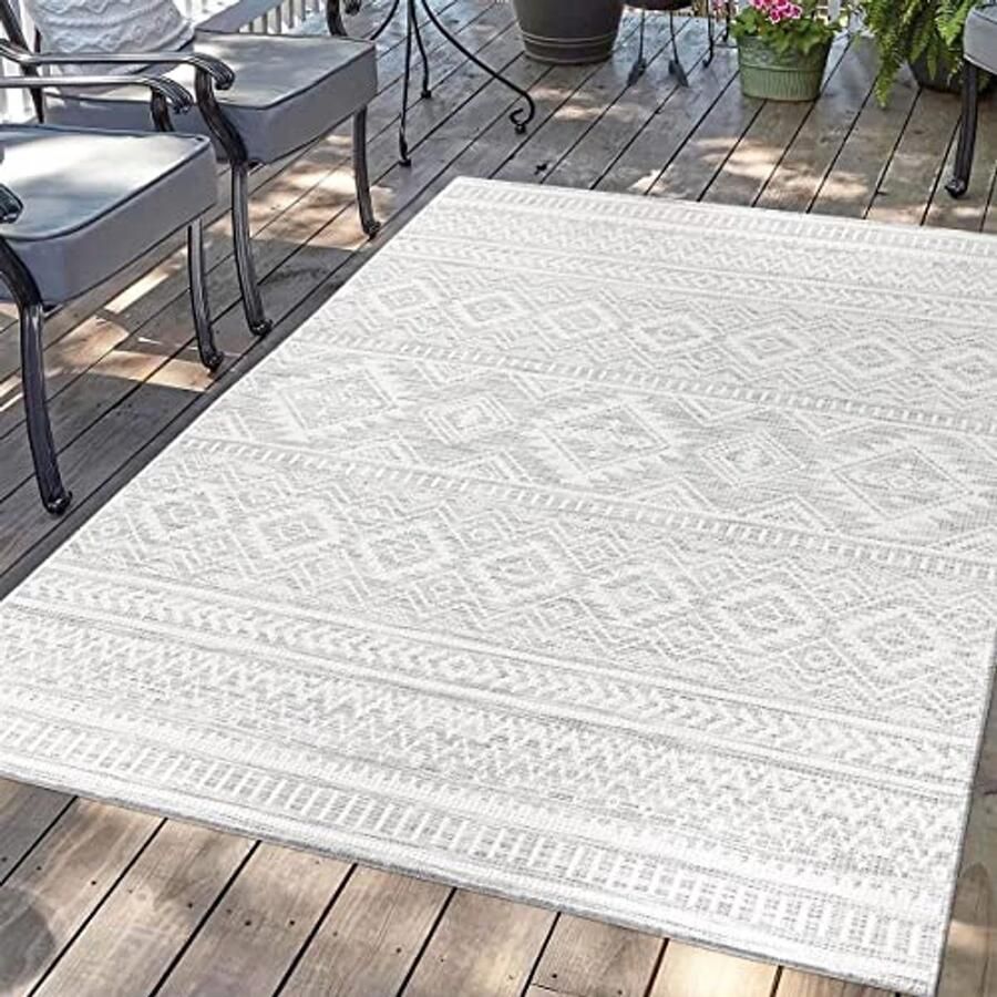 Weerbestendig Outdoor Tapijt 120 x 170 cm Grijs Etnische Look voor Binnen en Buiten