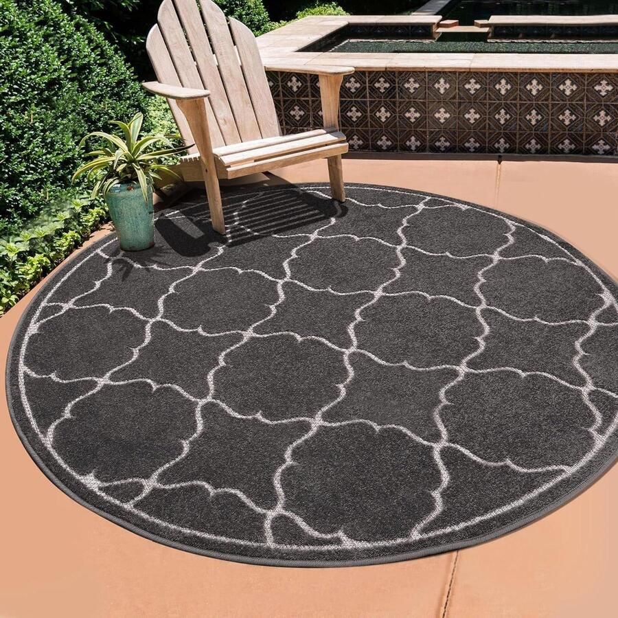 Weerbestendig rond outdoortapijt grijs voor binnen buiten waterafstotend 120 cm balkon terras tuin keuken badkamer woonkamer