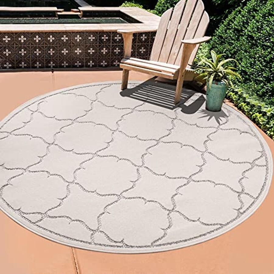 Weerbestendig rond tapijt voor binnen en buiten ideaal voor balkon terras tuin en meer – 120 cm crème