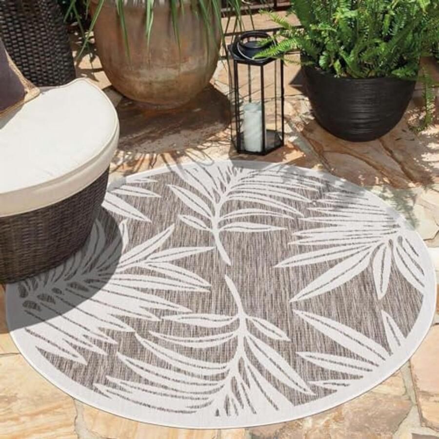 Weerbestendig rond vloerkleed 120 x 120 cm voor binnen en buiten – beige palmbladeren