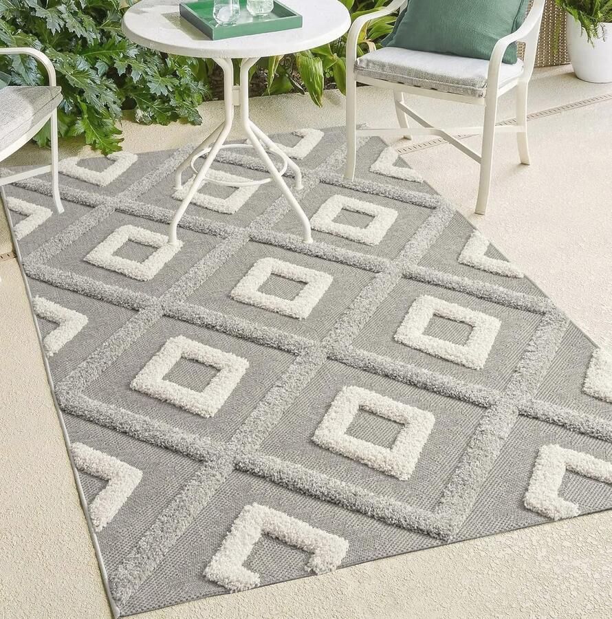 Weerbestendig Vloerkleed voor Binnen en Buiten Boho Hoogwaardig Tapijt met Ruitpatroon 120 x 170 cm