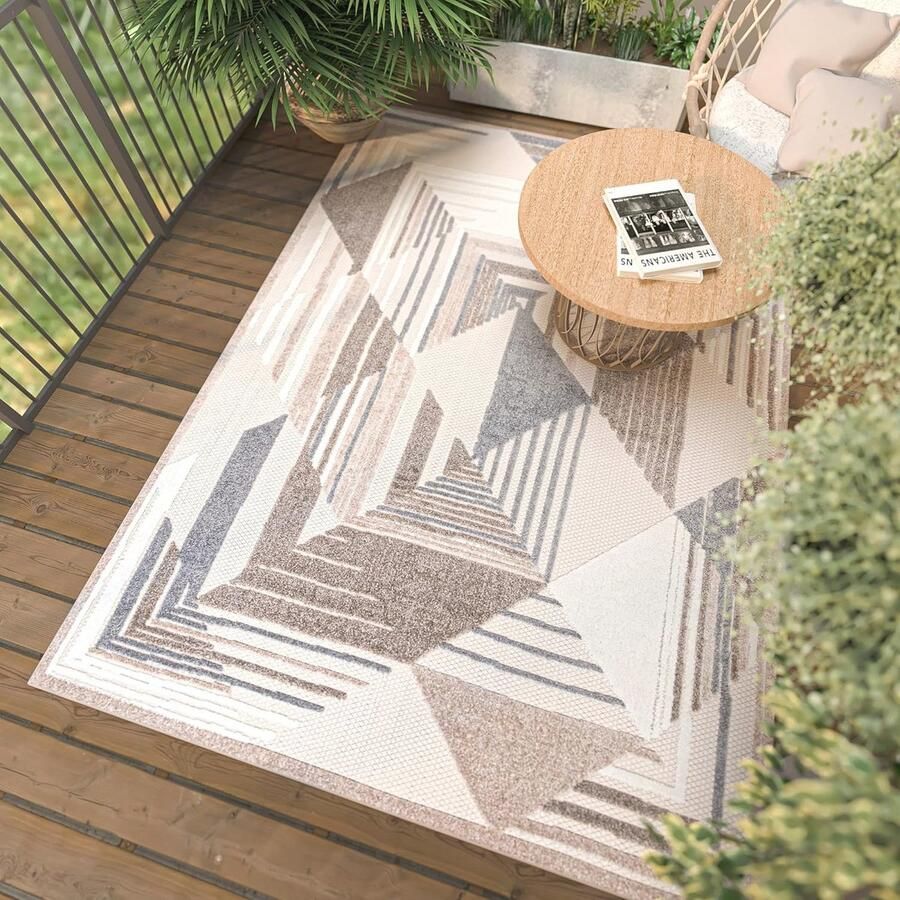 Weerbestendig Vloerkleed voor Binnen en Buiten Geometrisch Tapijt voor Terras en Tuin Waterafstotend Beige Carpet 80x200cm