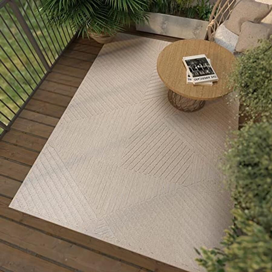 Weerbestendig Vloerkleed voor Binnen en Buiten Geometrisch Tapijt voor Terras en Tuin Waterafstotend 60x100cm Beige Crème