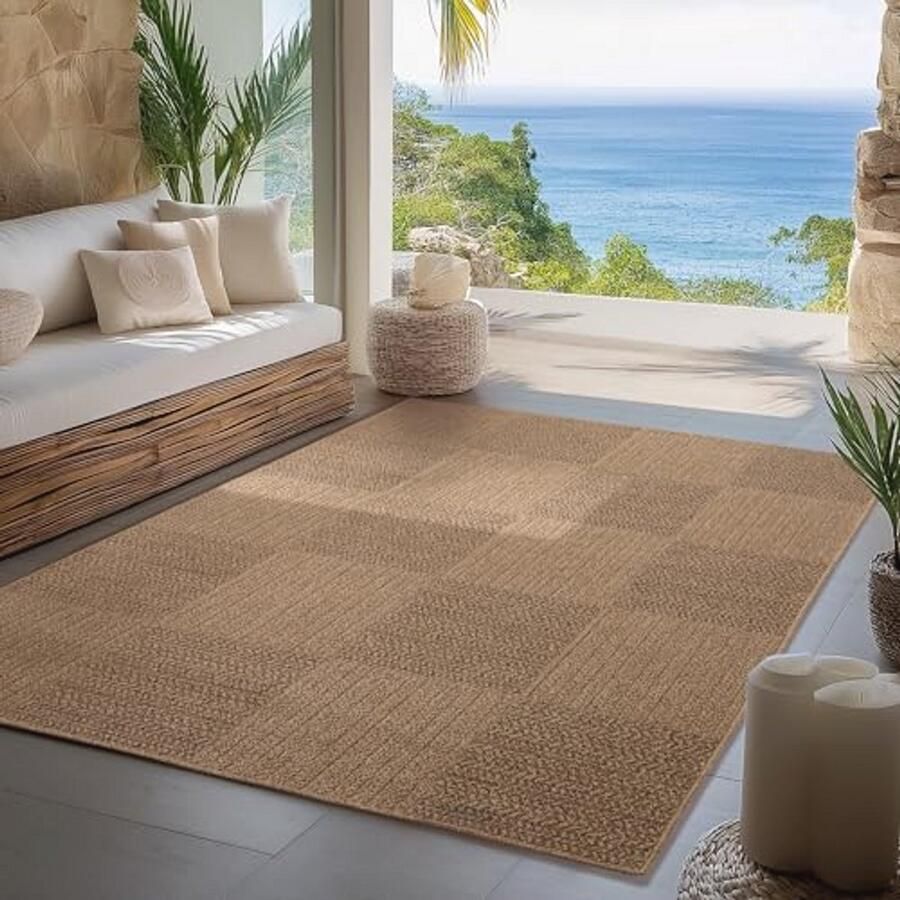 Weerbestendig Vloerkleed voor Binnen en Buiten – Onderhoudsvriendelijk Jute-Look Tapijt voor Woonkamer Keuken Terras en Tuin – 240x340 cm