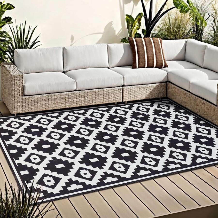 Weerbestendig Zwart-Wit Tapijt voor Binnen en Buiten 150 x 240 cm Wasbaar en Antislip