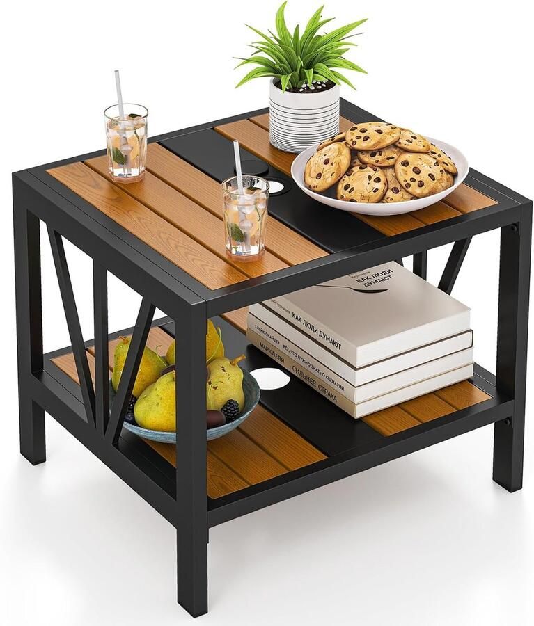 Weerbestendige Bijzettafel voor Buiten – Tuintafel met Paraplugat & Extra Plank – Voor Balkon Terras & Tuin – 52 x 46 x 45 cm