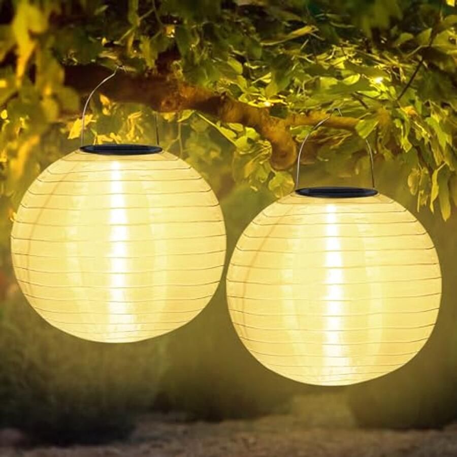 Weerbestendige LED Zonne Lampions voor Buiten 25 cm 2 Stuks Hanglampen voor Tuin en Bruiloftsdecoratie