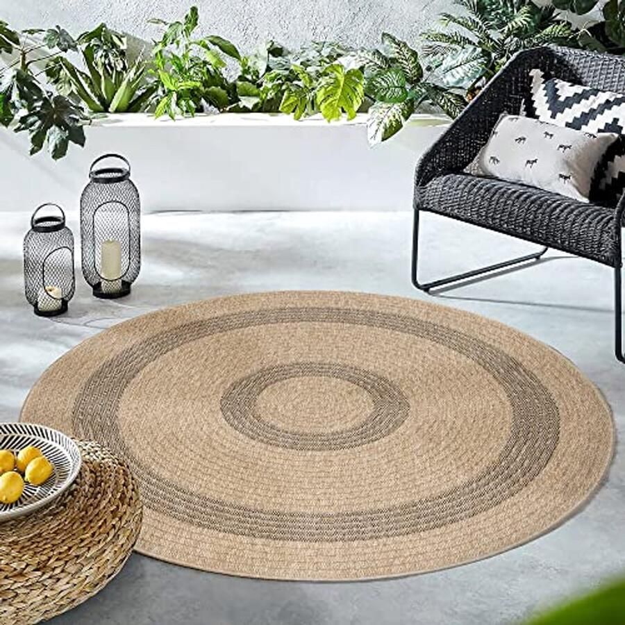 Weerbestendige Ronde Vloerkleed 200 cm voor Binnen en Buiten – Zwart Sisal en Jute Look – Ideaal voor Balkon Tuin Patio en Keuken