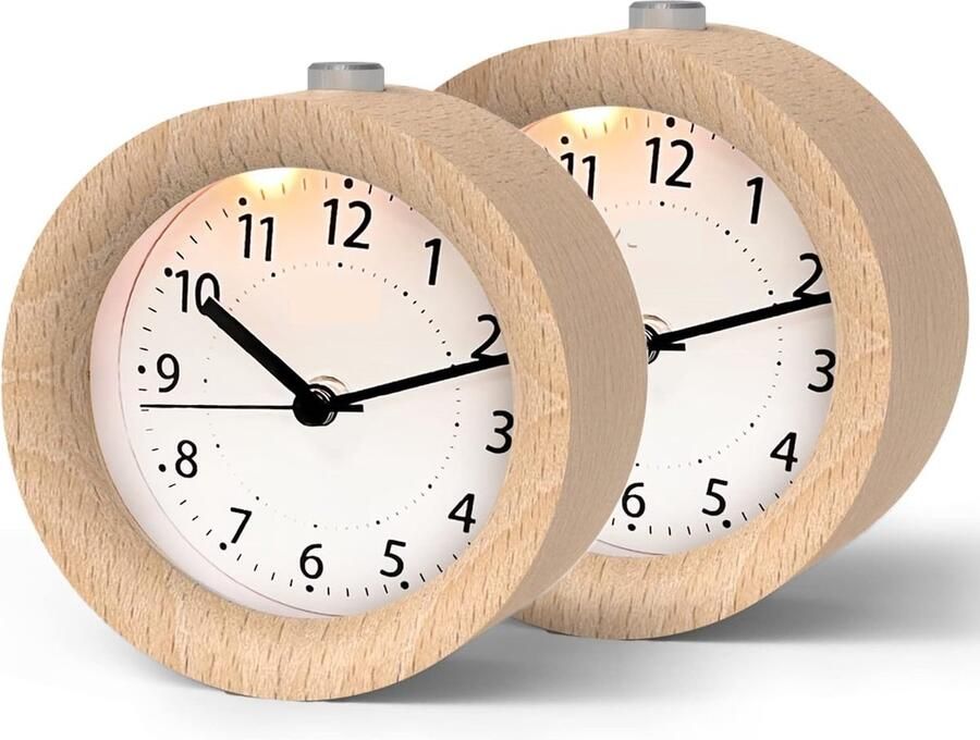 Wekker analoog zonder tikken 2 stuks houten wekker met snooze nachtkastje tafelklok met nachtlampje werkt op batterijen (1 x AA-batterij nodig niet inbegrepen natuurlijk hout in lichtbruin