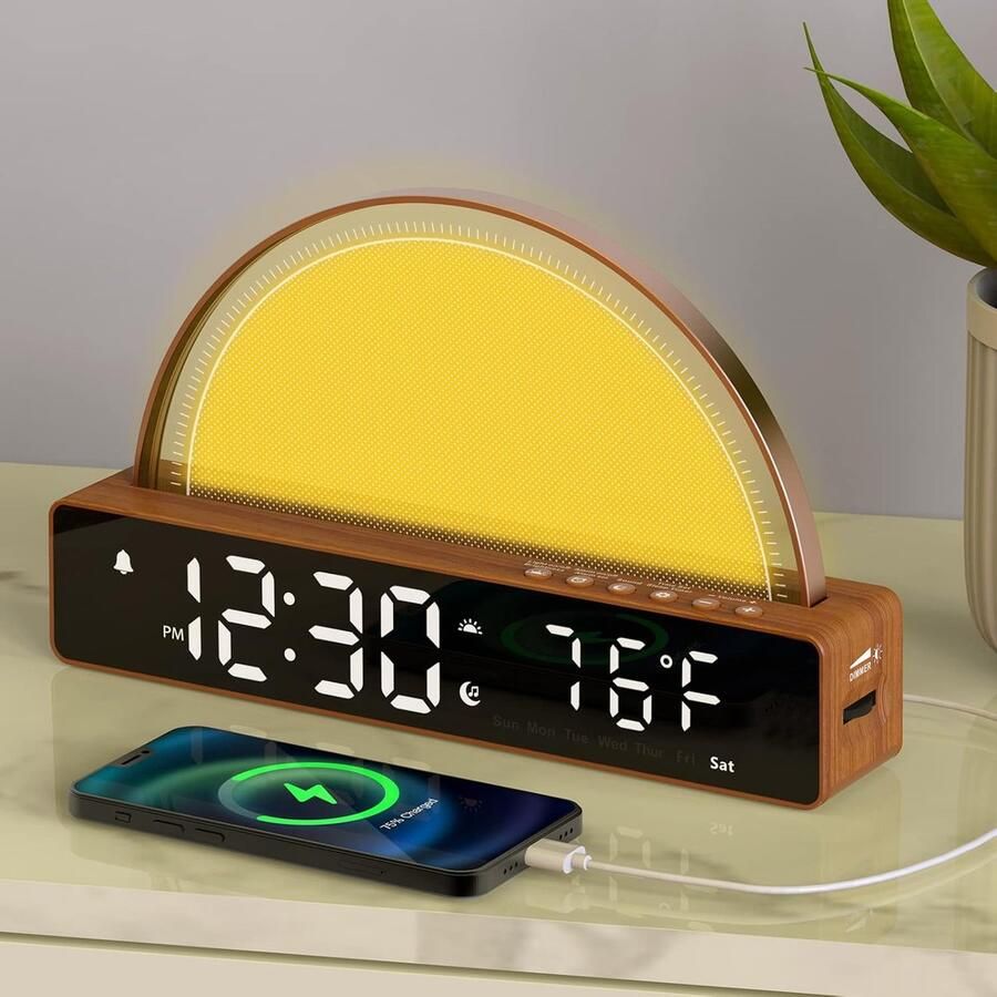 Wekker met licht wake-up lichtwekker witte ruismachine bedlampje dimbare tafellamp met 10 slaaphulp geluiden snooze timer temperatuurweergave USB-laadstation cadeau voor Kerstmis