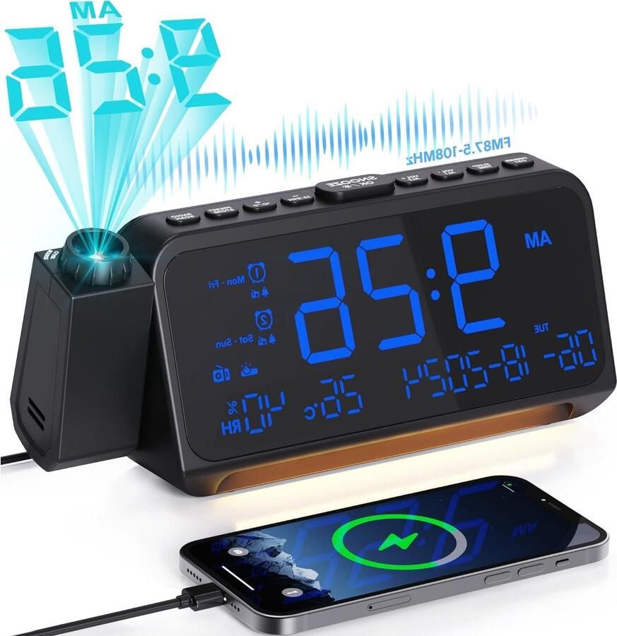 Radiowekker met projectie slaapkamer USB-aansluiting dubbele wekker projectiewekker DST-dimmer temperatuur datumweergave digitale wekker nachtkastje