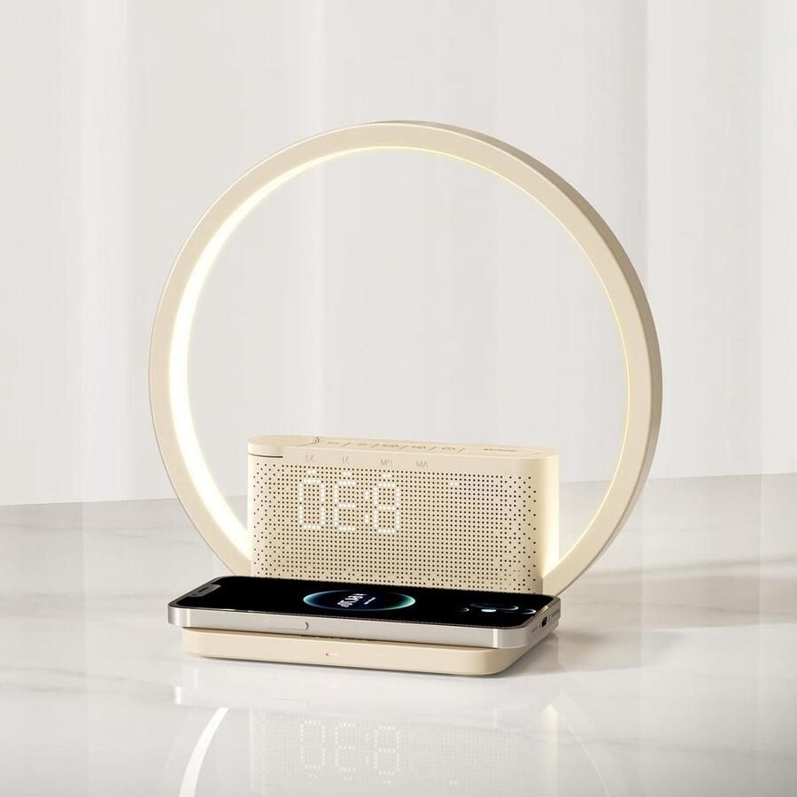 Weklicht bedlamp 10 watt draadloze oplader touch-dimbare tafellamp zonsopgangwekker 3 helderheidsniveaus rustgevend geluid slaaphulp voor baby's en volwassenen