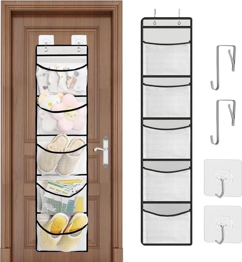 Wekuw Hangrek deurorganizer kledingkast hangorganizer deur hangorganizer hangende organizer met 5 netvakken en 4 haken voor kinderkamer slaapkamer kantoor badkamer 130 x 32 5 cm