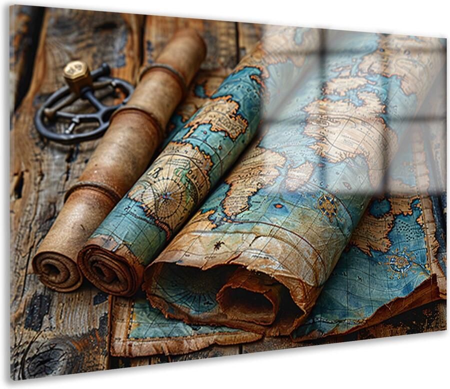 Wereldkaart schilderij op glas Kaart glasschilderij Glasschilderijen Houten tafel Muurdecoratie landelijk Acrylglas schilderij Muurdecoratie acrylglas 90x60 cm