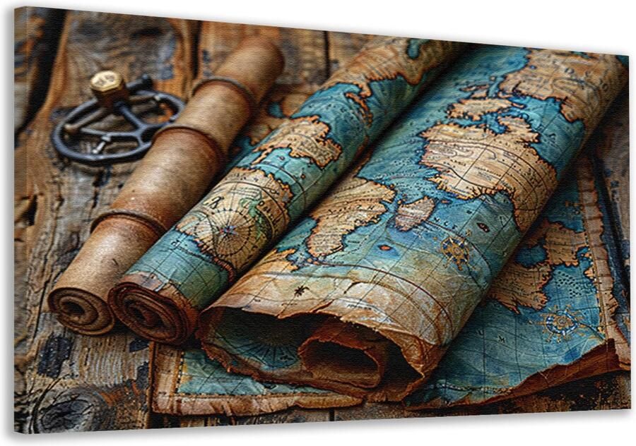 Wereldkaart schilderijen Kaart wanddecoratie Schilderij op canvas Houten tafel Muurdecoratie landelijk Canvas schilderij Muurdecoratie slaapkamer canvas 150x100 cm