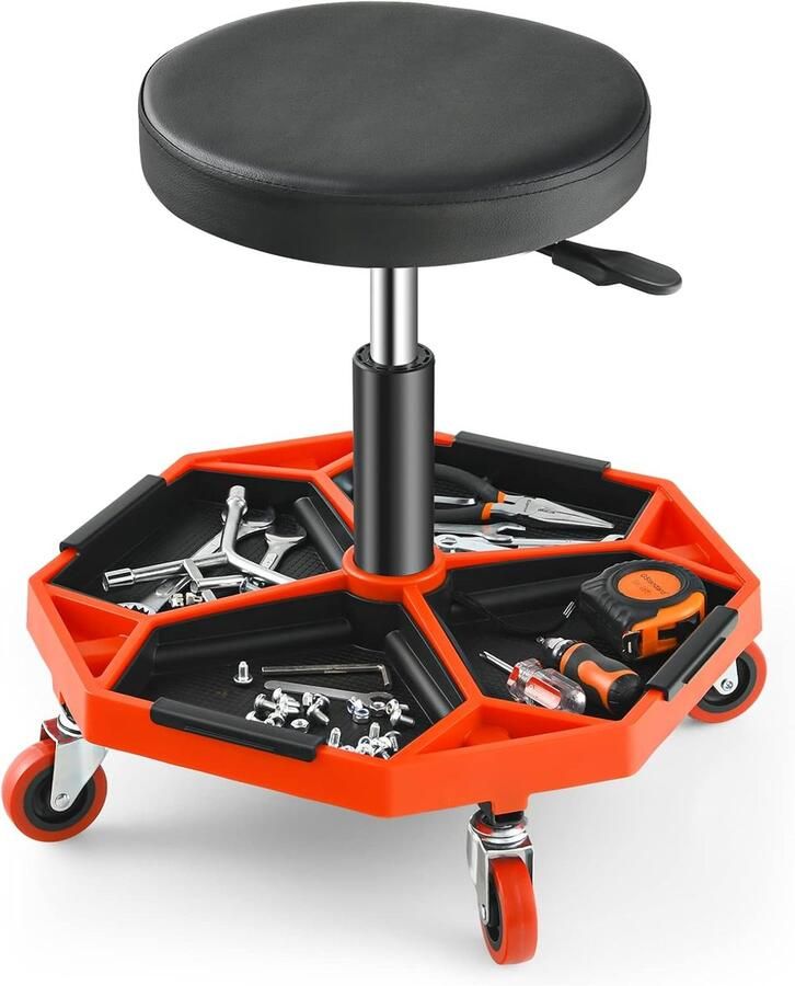 Werkplaatskruk – In Hoogte Verstelbaar (41–56 cm) – Met Gereedschapsplank en 4 Zwenkwielen – Tot 150 kg – Voor Garage & Werkplaats