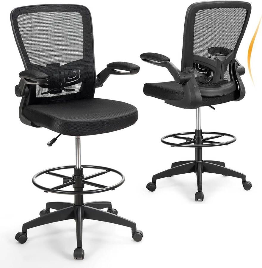 Werkstoel bureaustoel met opklapbare armleuningen en verstelbare voetenring zithoogte 55-75 cm hoge draaistoel ergonomische computerstoel bureaustoel met hoge rugleuning