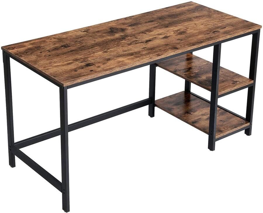 Werktafel Eettafel Bureau Keukentafel met 2 open opbergvakken stevig metalen frame stijlvol en eenvoudig ontwerp geschikt voor kantoor studio studeerkamer en keuken 140 x 60 x 75 cm bruin + zwart