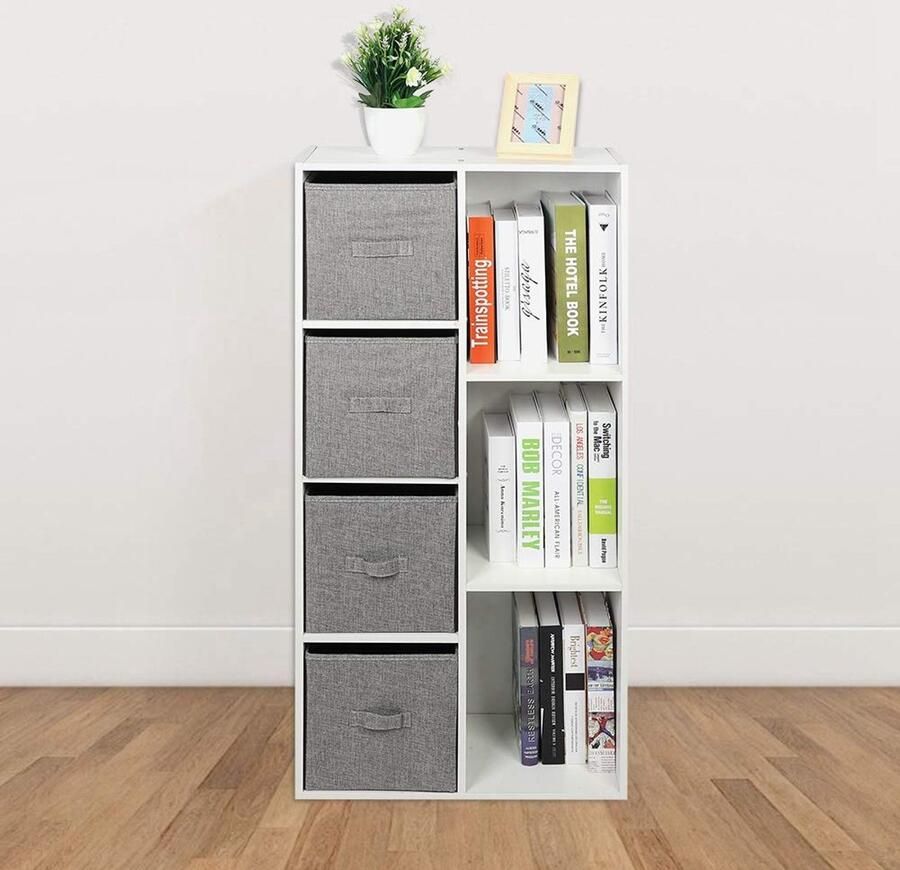 White 7 Cube Bookshelf Bookcase Display Shelf Storage Freestanding Cabinet Unit & 4 Grey Storage Drawers for Office Home 50 x 24 x 106cm
