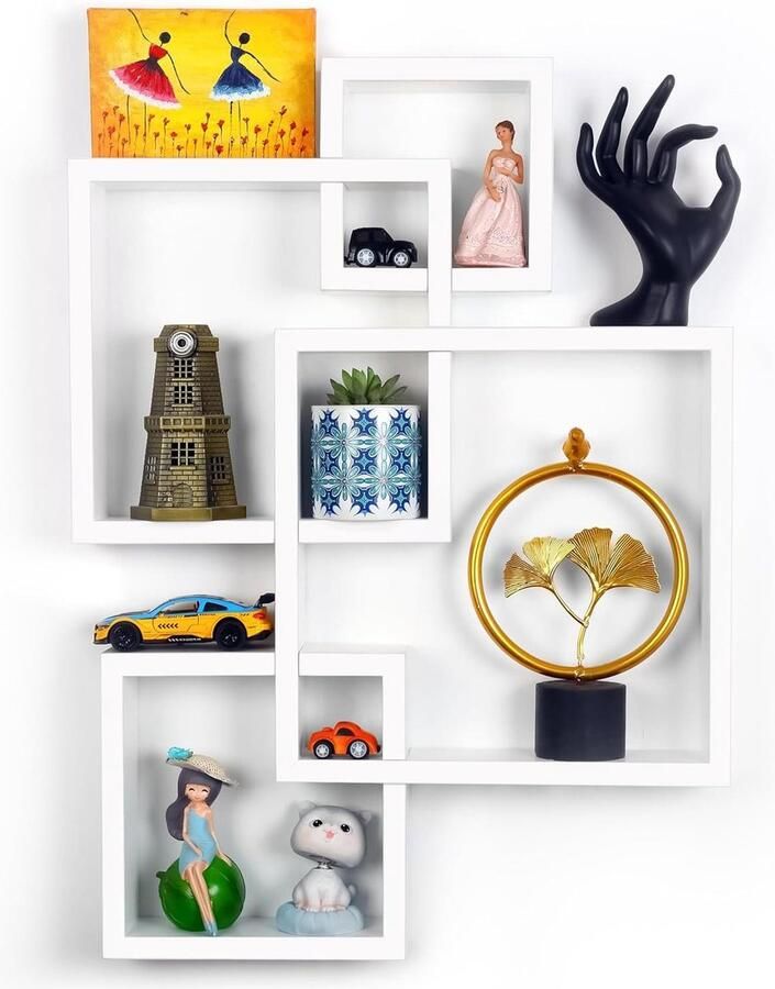 White Floating Cube Shelves for Home Decor Wall-Mounted Wooden Storage Cubes for Bedroom Living Room Bathroom Kitchen Office Display Set of 4 Sizes