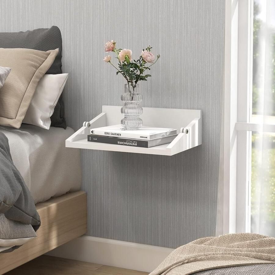 White Floating Nightstand Bedside Cabinet Small Wall Mounted Pine Wood Modern Foldable Shelves Slim Thin Storage Display Furniture for Bedroom Living Room Home Decor 32x12x10cm