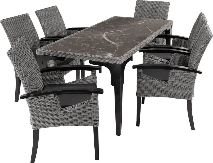 Tectake Wicker meubelset 6 stoelen en 1 tafel Moderne en weerbestendige stoelen (Draagkracht 150 kg) met eettafel in marmerlook ((LxBxH) 196 x 87 x 76 cm) Eetkamer lounge Tuinmeubelen voor balkon terras en buitenkeuken Grijs - Foto 3