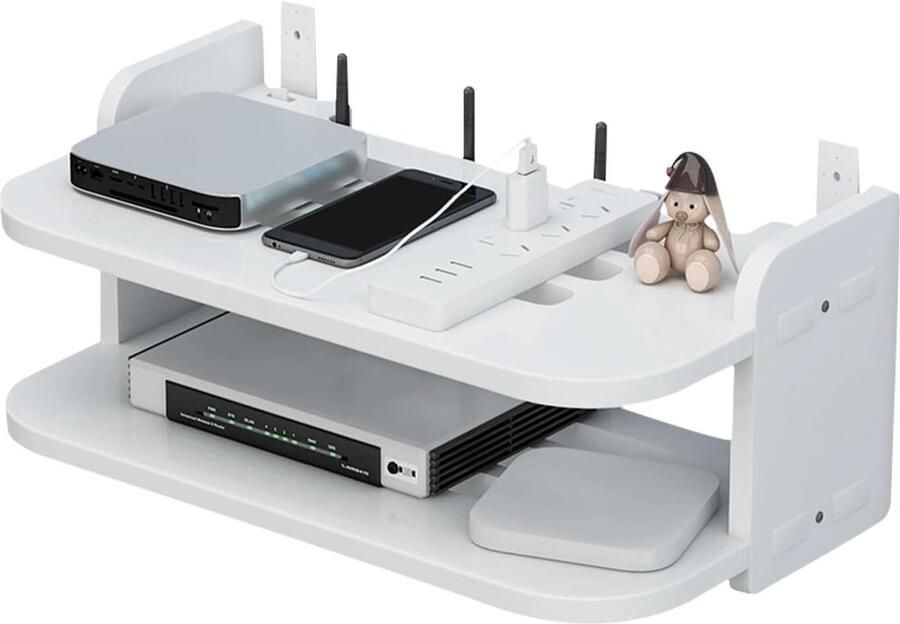 Floating Shelves White Wall Hanging Under TV Shelf 30 x 20 x 15cm Free Punch DVD Player Storage Box Game Console Rack for Living Room Bedroom with Wifi Router