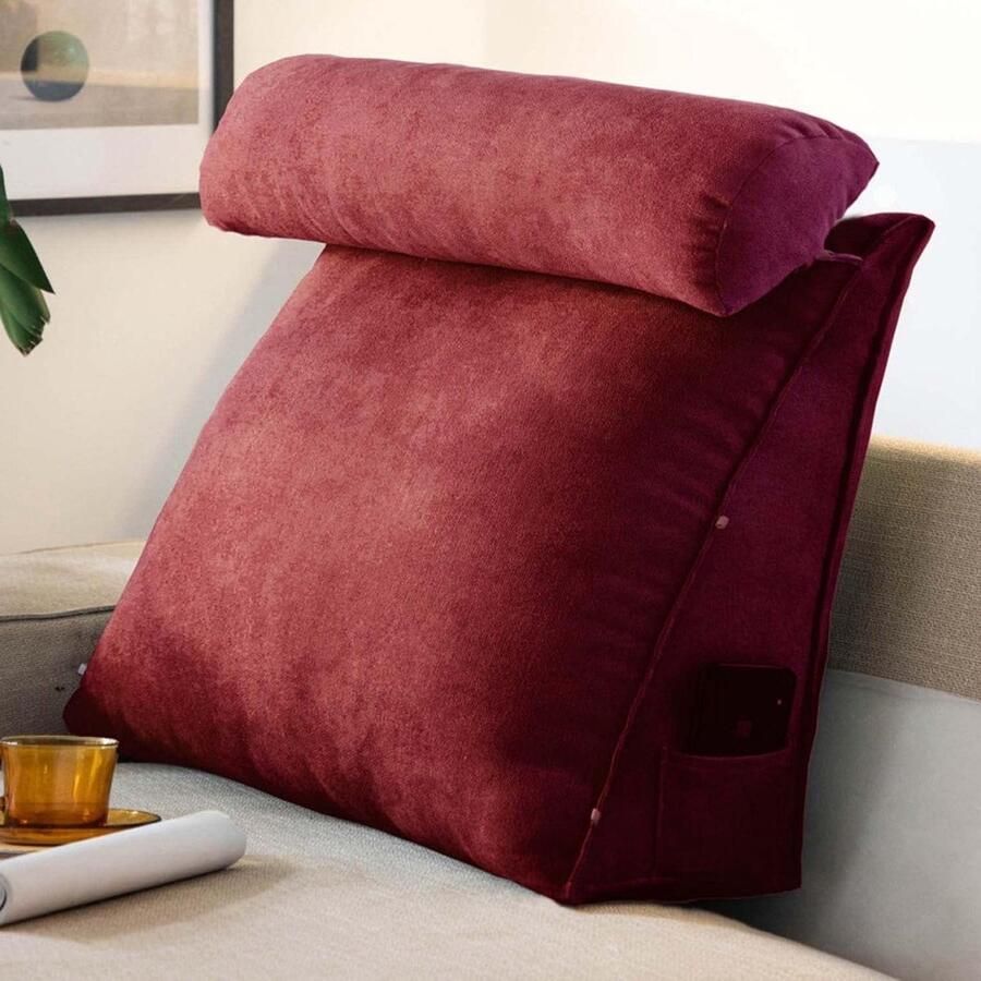 Wigkussen driehoekig leeskussen met verstelbare nek rugsteun rugleuningkussen voor slaapbank hoofdkussen voor lendensteun (Rood)