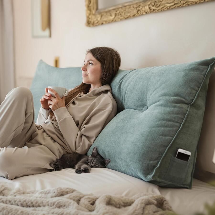 Wigvormig rugkussen voor bed en bank Ideaal als leeskussen en zitkussen Wasbare hoes en praktische opbergruimte (Turquoise-grijs 200 cm)