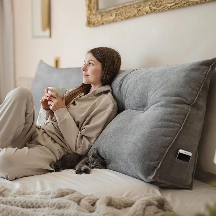 Wigvormig rugkussen voor bed en bank Leeskussen met wasbare hoes Groot zitkussen voor optimale ondersteuning (Grijs 200 cm)