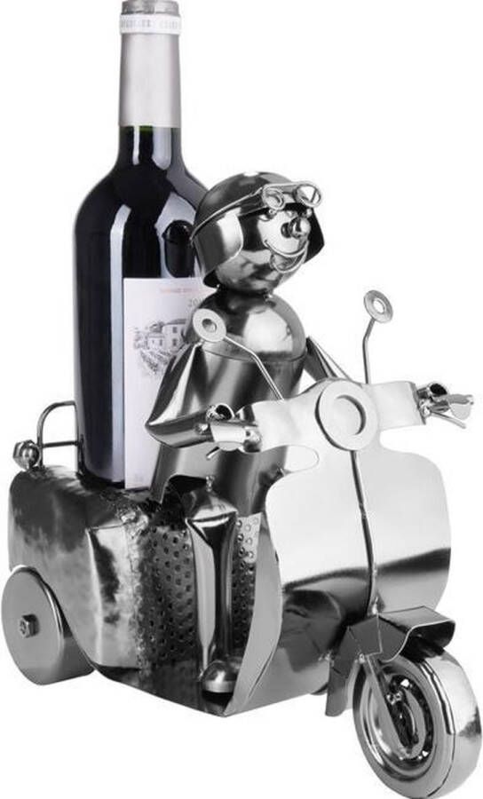 Wijnfles Houder Scooter Bestuurder Zilver Metalen Sculptuur Flessenstandaard 27 cm Metalen Figuur Wijn Geschenk voor Scooter Fans met Wenskaart