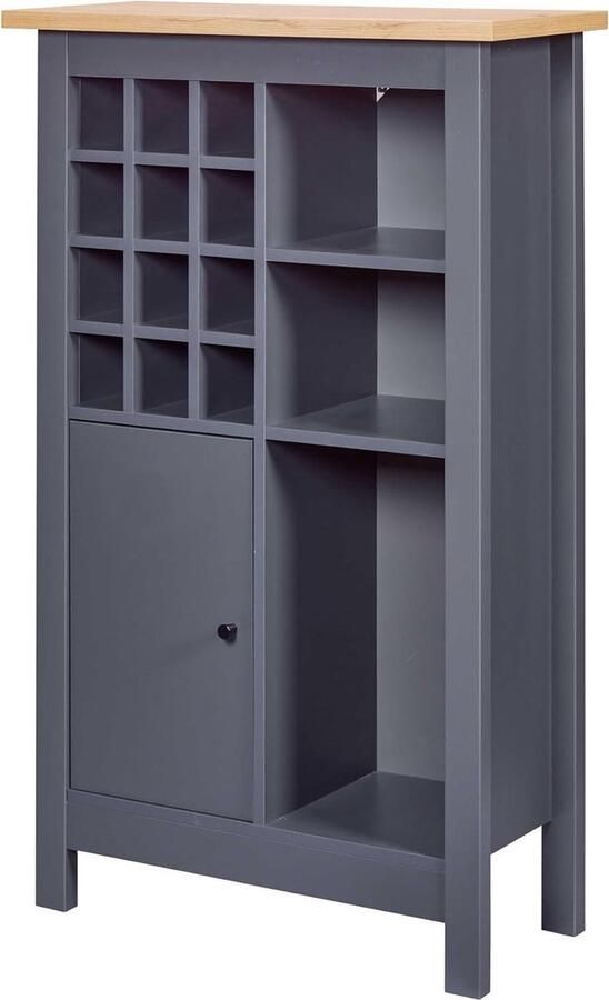 Wijnkast platte kast buffetkast voor 12 flessen 3 open planken 1 deur Nellina Artisan eiken replica antraciet