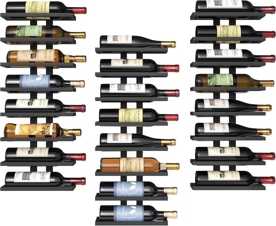 “Wijnrek Muur – Set van 3 Hangende Wandrekken Metaal 8 Niveaus Voor Wijnflessen Zwart”