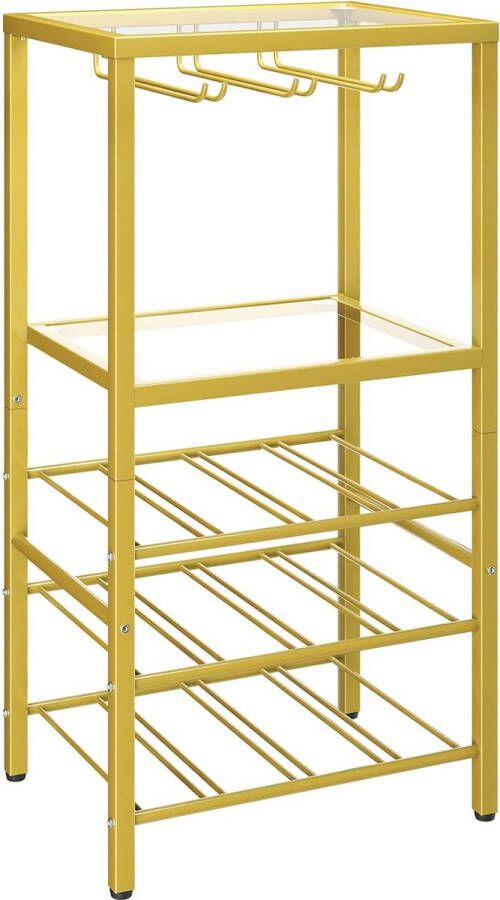 Wijnrek vrijstaand wijnrek wijnflessenrek en haken wijnrek met glazen planken aanrecht wijnrek voor keuken bar eetkamer kelder goud 39×29×78CM