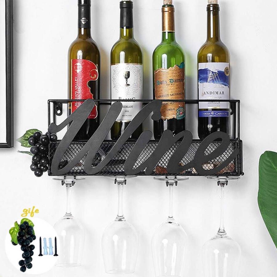 Wijnrek wand 42cm wandwijnrek metalen decoratieve plank voor wandmontage wijnfleshouder voor aan de muur glas- en decoratiehouder voor huis en keuken Wijn