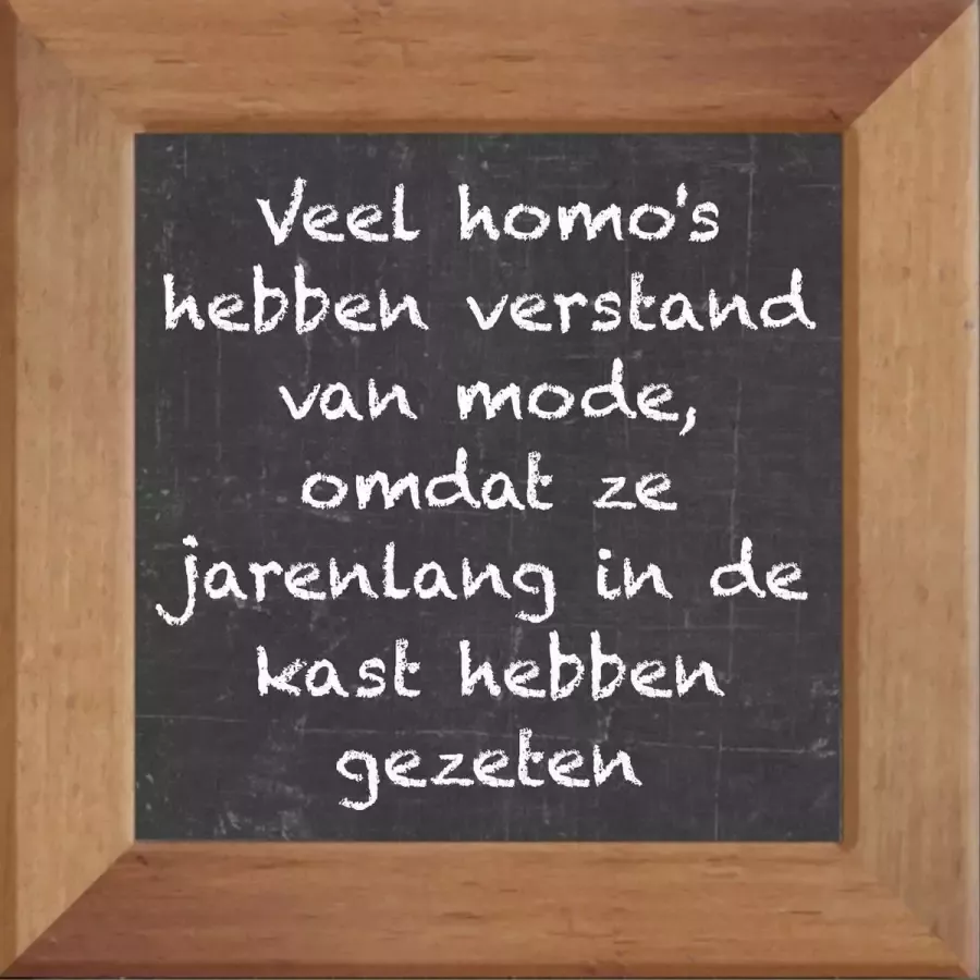 Wijsheden op krijtbord tegel over Overig met spreuk :Veel homos hebben verstand van mode omdat ze jarenlang in de kast hebben gezeten