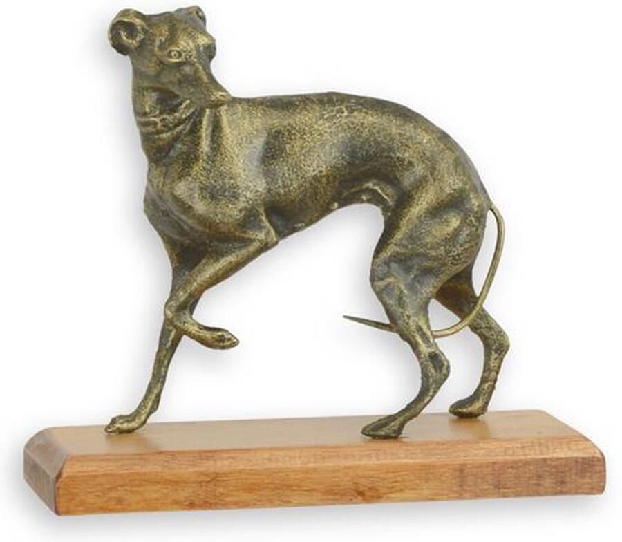 Windhond beeld – gietijzer op houten voet Greyhound hondenbeeld bronzen look sculptuur luxe woondecoratie voor dressoir vensterbank klassiek & modern interieur perfect cadeau voor hondenliefhebbers en designfans