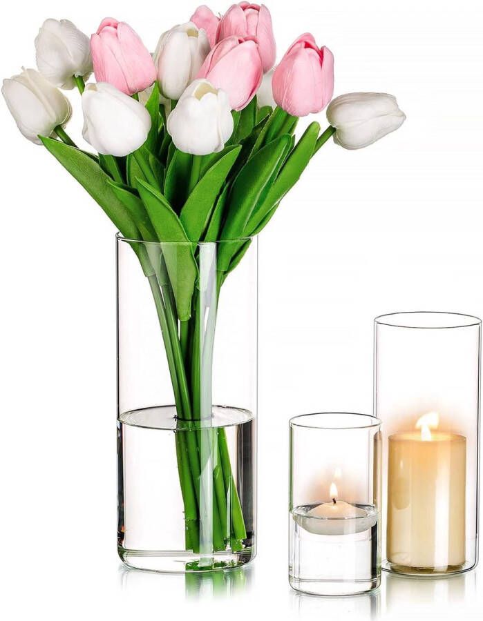 Windlicht glazen bloemenvaas set van 3 lantaarns outdoor glazen cilinder voor stompkaarsen theelicht tafeldecoratie verjaardag bruiloft eettafel woonkamerdecoratie (10 15 20 cm