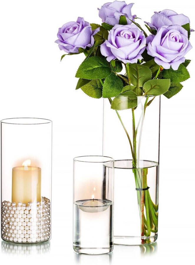 Windlicht glazen bloemenvaas set van 3 windlichten outdoor glazen cilinder voor stompkaarsen theelicht tafeldecoratie verjaardag bruiloft eettafel woonkamer glazen vaas decoratie