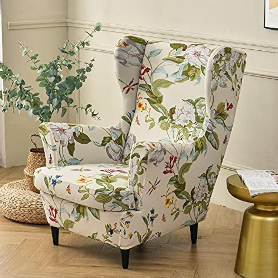 Wingback-stoel hoezen stretch fauteuil hoezen meubelbeschermer 2-delige set bloem en blad spandex-stof
