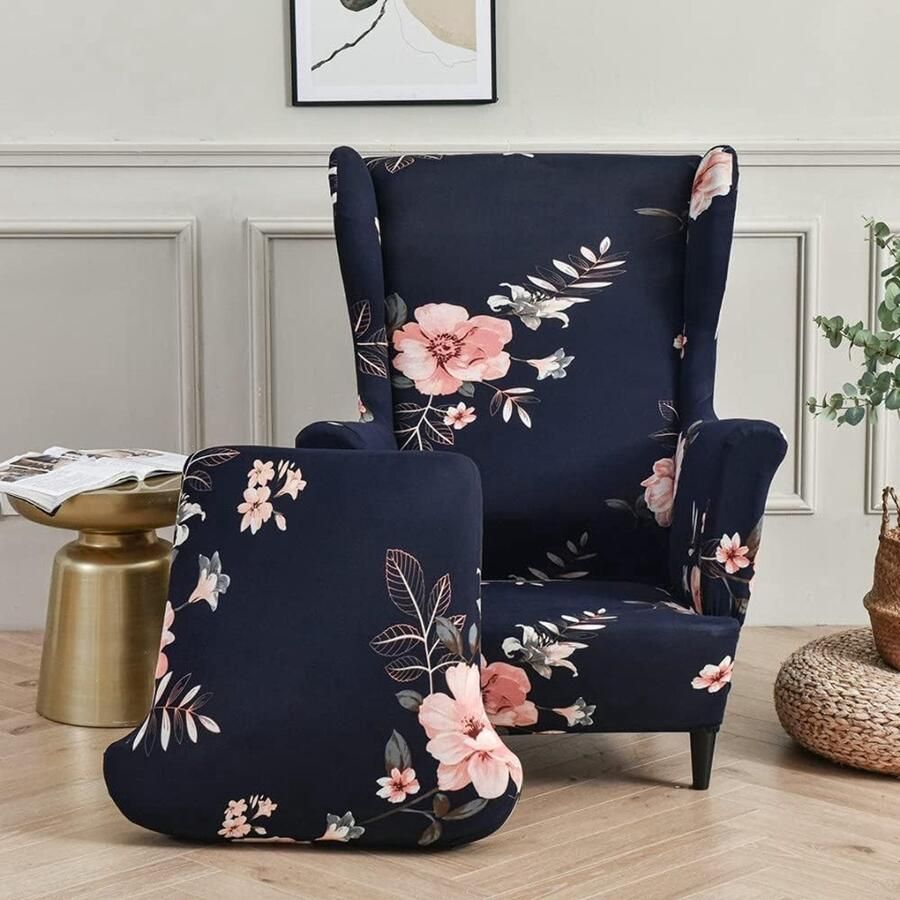 Wingback stoelhoezen 2-delige stretch wingback stoelhoes wasbare spandex stoffen bankhoes meubelbeschermer voor fauteuils woonkamer slaapkamer hotel (geurige bloemenblauw)