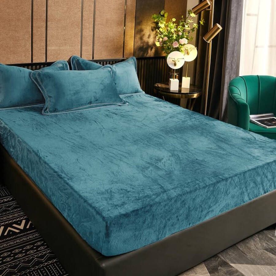 Winter Hoeslaken 160 x 200 cm Teal Pluche Warm Boxspring Hoeslaken Badstof Fleece Flanel 160 x 200 cm Tweepersoons Hoeslaken Effen Patroon Kasjmier voor Hoge Matras tot 25-30 cm