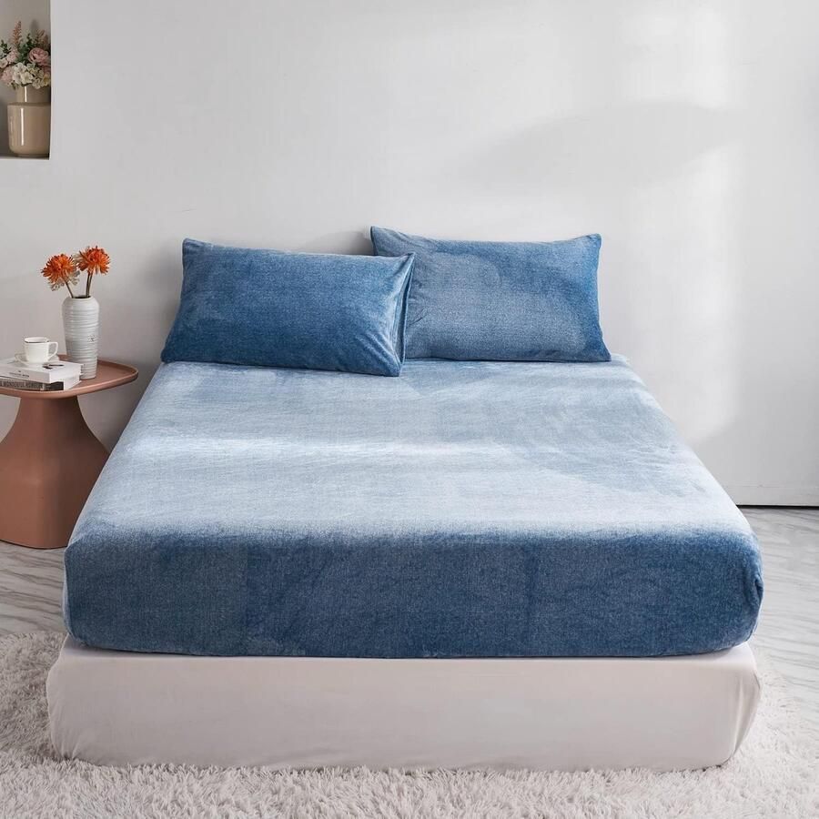Furnibella Winter Hoeslaken 180 x 200 cm – Blauw – Pluizig Teddy Fluweel – Extra Warm & Zacht – Geschikt voor Matrassen tot 30 cm