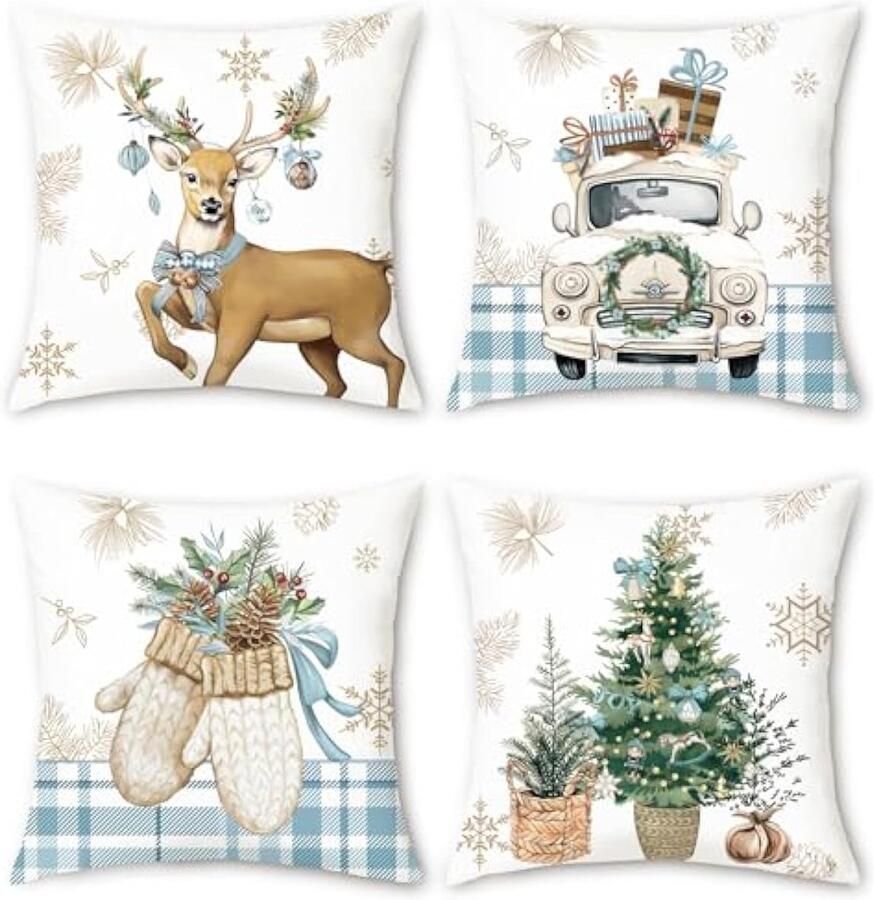 Winter Kerst Kussenslopen 45 x 45 cm rendier handschoenen kerstbomen vrachtwagen blauw plaids fluwelen decoratieve kussenslopen voor slaapbank thuis patio decoratie set van 4