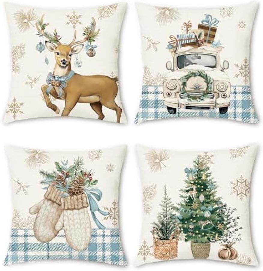Winter Kerst Kussenslopen 45 x 45 cm rendier handschoenen kerstbomen vrachtwagen blauwe plaids polyester linnen decoratieve kussenslopen voor slaapbank thuis patio decoratie set van 4