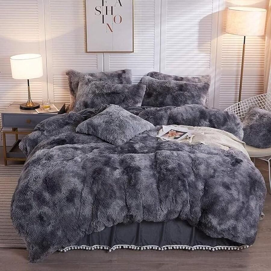Winter Pluche beddengoed 135 x 200 cm grijs warm pluizig lang haar flanel omkeerbaar beddengoed set microvezel eenpersoonsbed dekbedovertrek met ritssluiting en kussensloop 80 x 80 cm