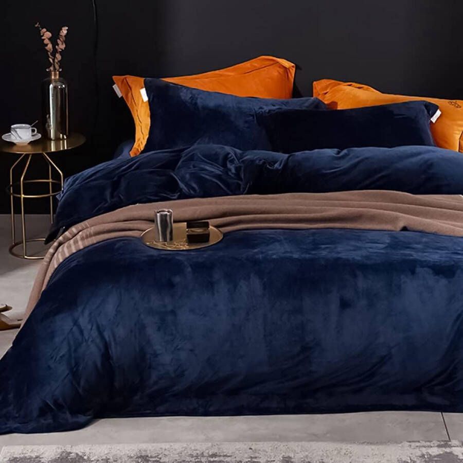Winter Plush Bed Linen Set 200 x 200 cm Cashmere Touch Fluffy & Warm Coral Fleece Plain Duvet Cover with Zip Dark Blue 200 x 200 cm + 2 x 80 x 80 cm