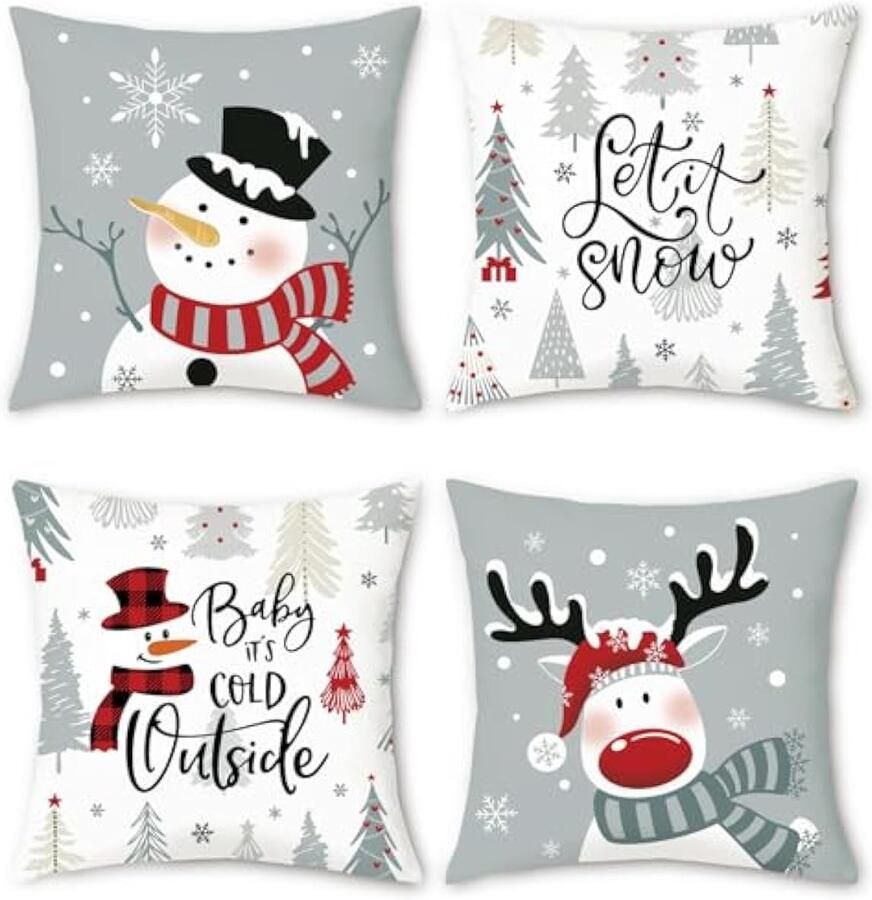 Winterkussenslopen 45 x 45 cm sneeuwpop rendier kerstbomen sneeuwvlokken grijs decoratieve kussenhoezen voor slaapbank thuis Kerstmis vakantie decoratie set van 4